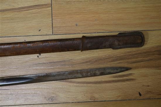 An 1821 pattern WWI George V Royal Artillery officers sword with leather-covered scabbard